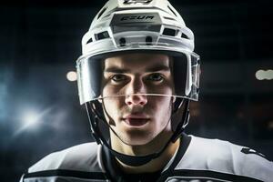 Hockey player is playing hockey in the stadium photo