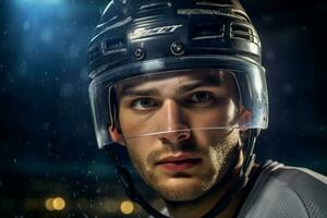 Hockey player is playing hockey in the stadium photo