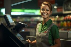 Female cashier smiling at the supermarket photo