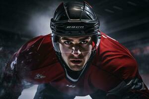 Hockey player is playing hockey in the stadium photo