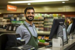 male cashier smiling at the supermarket photo