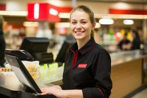 Female cashier smiling at the supermarket photo