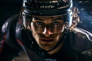 Hockey player is playing hockey in the stadium photo