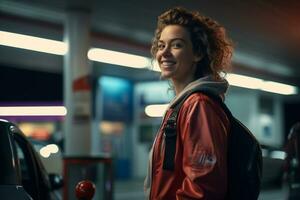 Smiling woman with car standing in gas station photo