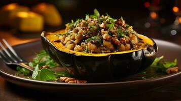 Photo of Stuffed Acorn Squash as a dish in a high-end restaurant. Generative AI