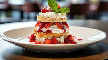 foto de fresa torta de frutas como un plato en un gama alta restaurante. generativo ai