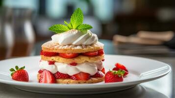 foto de fresa torta de frutas como un plato en un gama alta restaurante. generativo ai