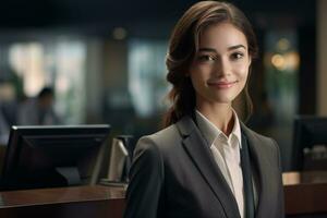 female hotel receptionist standing in front of the hotel reception counter photo