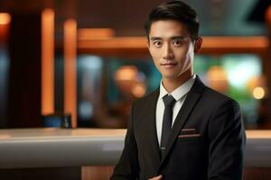 asian male hotel receptionist standing in front of the hotel reception counter photo