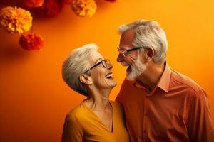 a elderly couple dancing happily and looking to each other in happiness photo