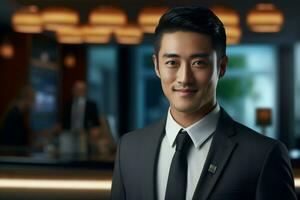 asian male hotel receptionist standing in front of the hotel reception counter photo