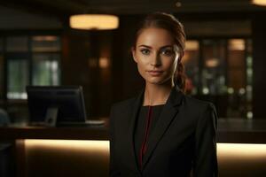 female hotel receptionist standing in front of the hotel reception counter photo