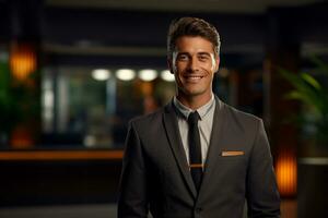 male hotel receptionist standing in front of the hotel reception counter photo