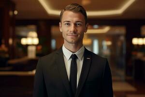 male hotel receptionist standing in front of the hotel reception counter photo