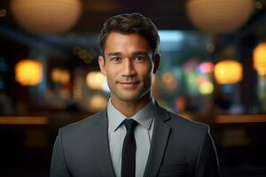 male hotel receptionist standing in front of the hotel reception counter photo