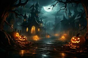 Halloween background with pumpkins and haunted house - 3D render. Halloween background photo
