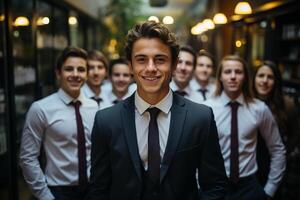 Ai Generative group of happy business man and business women, dressed in suits are smiling, in the office photo