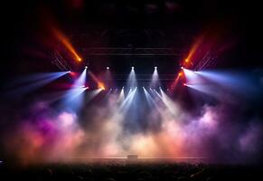 Ai generative Concert Stage Scenery With Spotlights Colored Lights Smoke photo