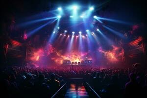 Ai generative Crowded Concert Stage Scenery With Spotlights and Colored Lights realistic image, ultra hd photo