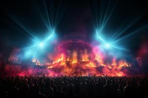 Ai generative Crowded Concert Stage Scenery With Spotlights and Colored Lights realistic image, ultra hd photo