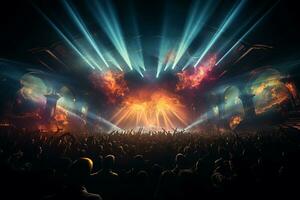 Ai generative Crowded Concert Stage Scenery With Spotlights and Colored Lights realistic image, ultra hd photo