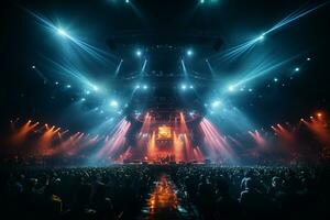 Ai generative Crowded Concert Stage Scenery With Spotlights and Colored Lights realistic image, ultra hd photo