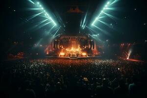 Ai generative Crowded Concert Stage Scenery With Spotlights and Colored Lights realistic image, ultra hd photo