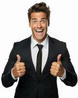 Ai generative photo business concept portrait of excited man dressed in formal wear giving thumbs up