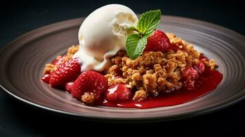 Photo of Strawberry Rhubarb Crisp as a dish in a high-end restaurant. Generative AI