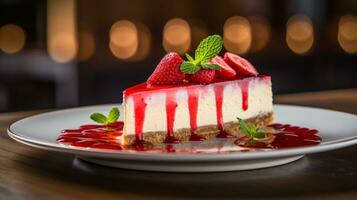 foto de fresa tarta de queso como un plato en un gama alta restaurante. generativo ai