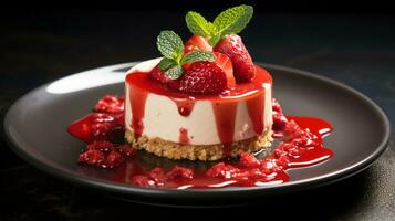 Photo of Strawberry Cheesecake as a dish in a high-end restaurant. Generative AI