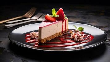 Photo of Strawberry Cheesecake as a dish in a high-end restaurant. Generative AI