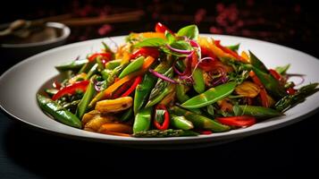 Photo of Spring Vegetable Stir-Fry as a dish in a high-end restaurant. Generative AI