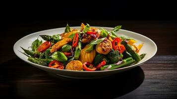 foto de primavera vegetal Salteado como un plato en un gama alta restaurante. generativo ai