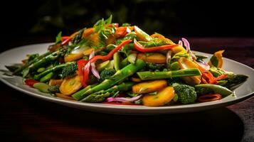 Photo of Spring Vegetable Stir-Fry as a dish in a high-end restaurant. Generative AI