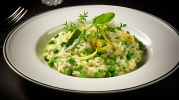 Photo of Spring Vegetable Risotto as a dish in a high-end restaurant. Generative AI