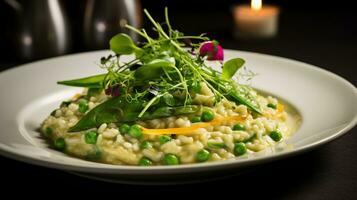 Photo of Spring Vegetable Risotto as a dish in a high-end restaurant. Generative AI