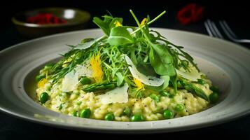 Photo of Spring Vegetable Risotto as a dish in a high-end restaurant. Generative AI