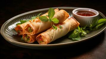 Photo of Spring Rolls as a dish in a high-end restaurant. Generative AI