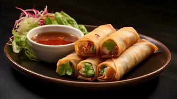 Photo of Spring Rolls as a dish in a high-end restaurant. Generative AI