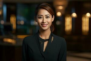 beautiful asian female hotel receptionist standing in front of the hotel reception counter photo