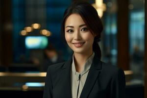 beautiful asian female hotel receptionist standing in front of the hotel reception counter photo