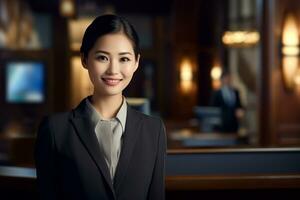 beautiful asian female hotel receptionist standing in front of the hotel reception counter photo