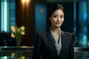 beautiful asian female hotel receptionist standing in front of the hotel reception counter photo