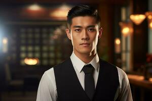 asian male hotel receptionist standing in front of the hotel reception counter photo