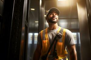 a smiling Elevator repairman in a high rise elevator photo