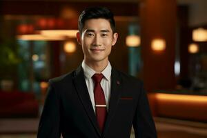 asian male hotel receptionist standing in front of the hotel reception counter photo