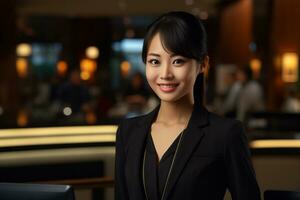 beautiful asian female hotel receptionist standing in front of the hotel reception counter photo