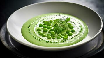 Photo of Spring Pea Soup as a dish in a high-end restaurant. Generative AI