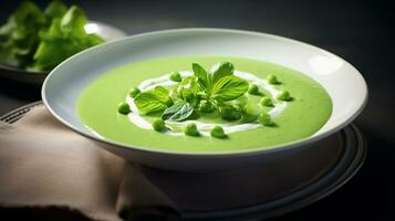 Photo of Spring Pea Soup as a dish in a high-end restaurant. Generative AI